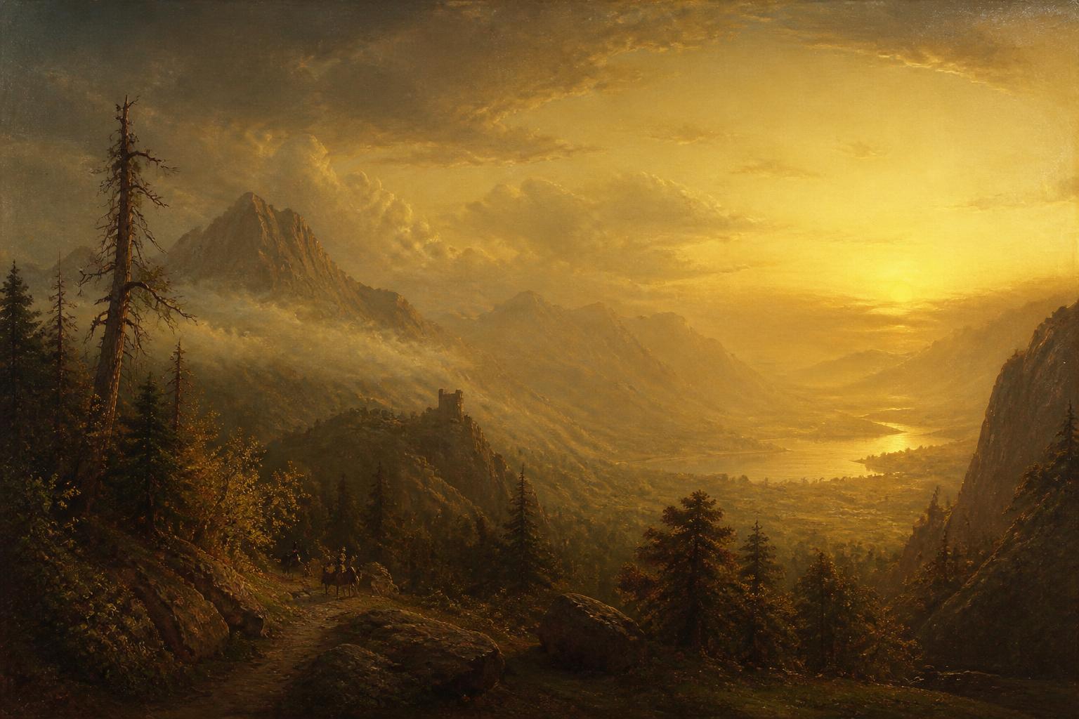 Romantic era oil landscape of a misty valley at dusk